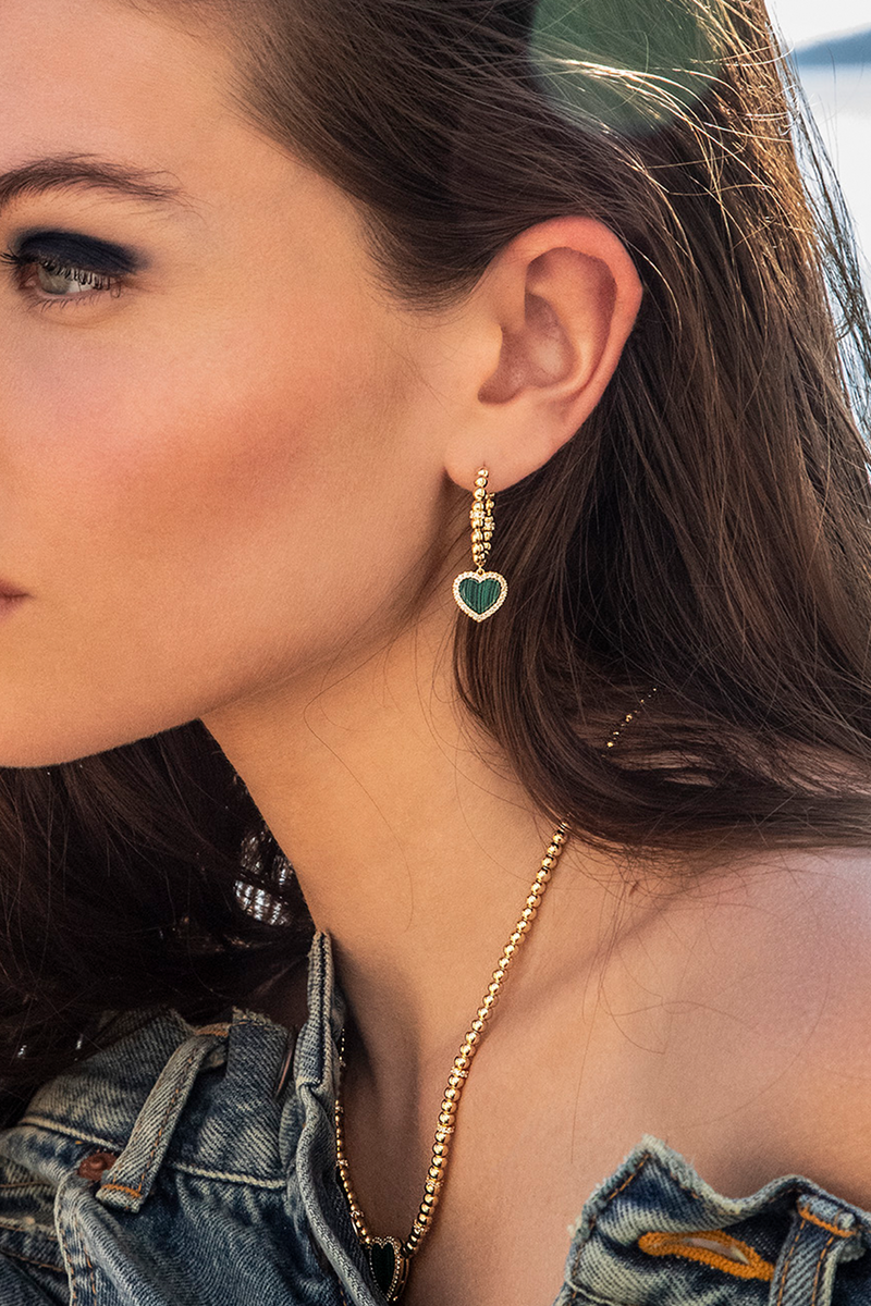 Hoop Earrings with Malachite Heart