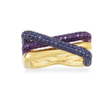 Purple and Navy Crossed Rectangle Ring - Yellow Silver