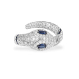 Serpent Open Ring with Navy Blue Stones - White Silver