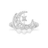 Moon & Star Ring with Pearls - White Silver