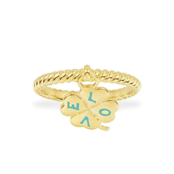 Lagoon Blue LOVE Four-Leaf Clover Ring - Yellow Silver