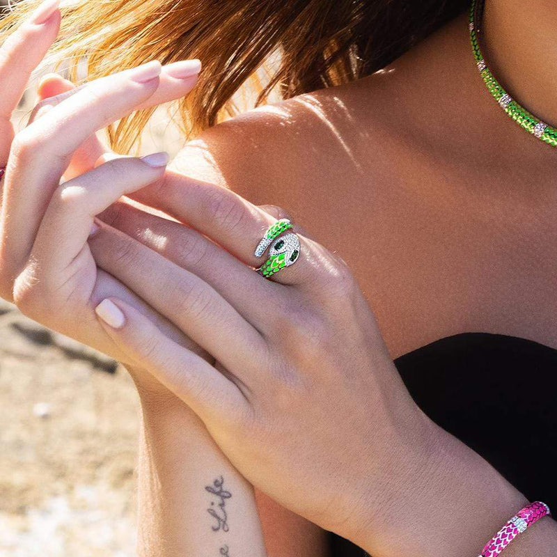 Neon Green Serpent Wrap Ring - White Silver