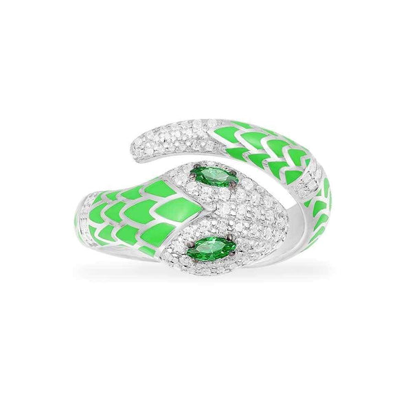 Neon Green Serpent Wrap Ring - White Silver