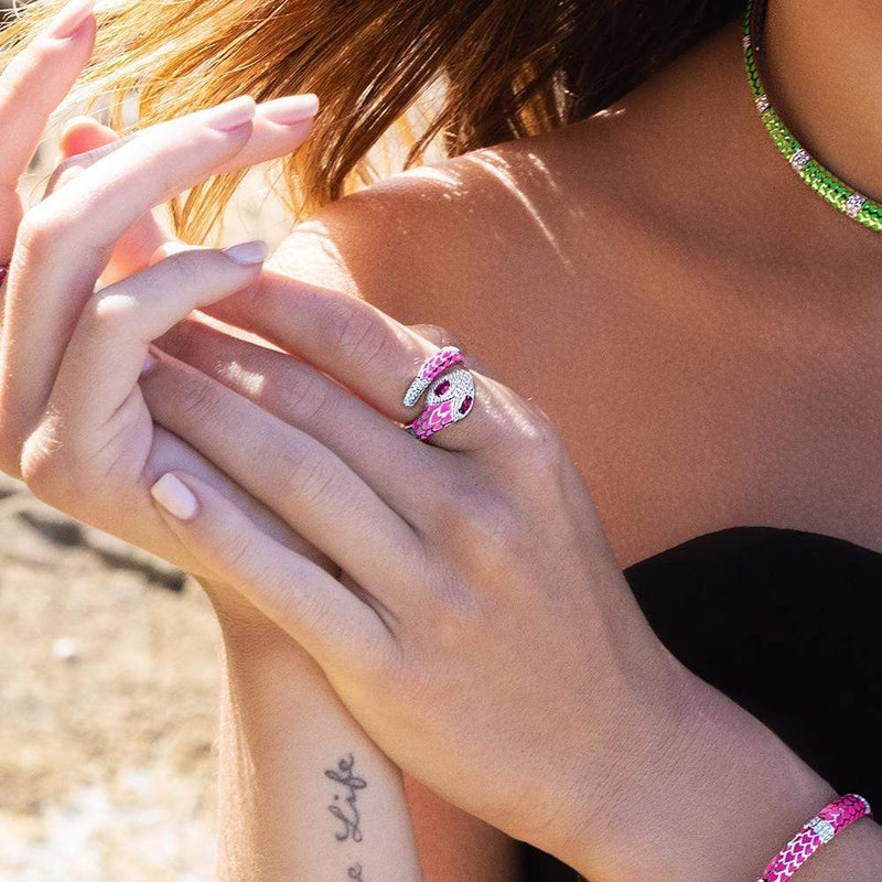 Neon Fuschia Serpent Wrap Ring - White Silver