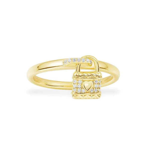 Paved Heart Lock Charm Ring - Yellow Silver