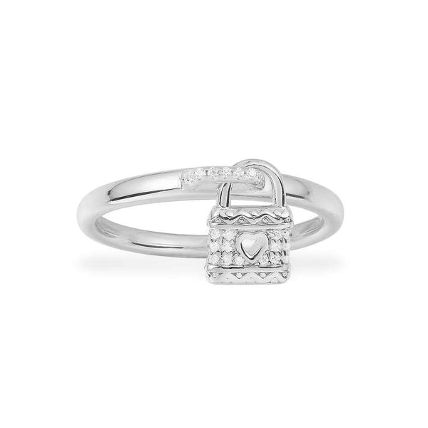 Paved Heart Lock Charm Ring - White Silver