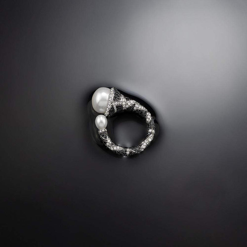 Black & white open ring with pearls - silver