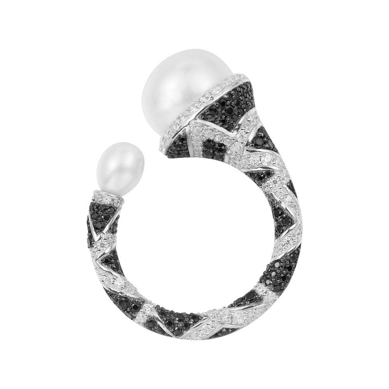 Black & white open ring with pearls - silver