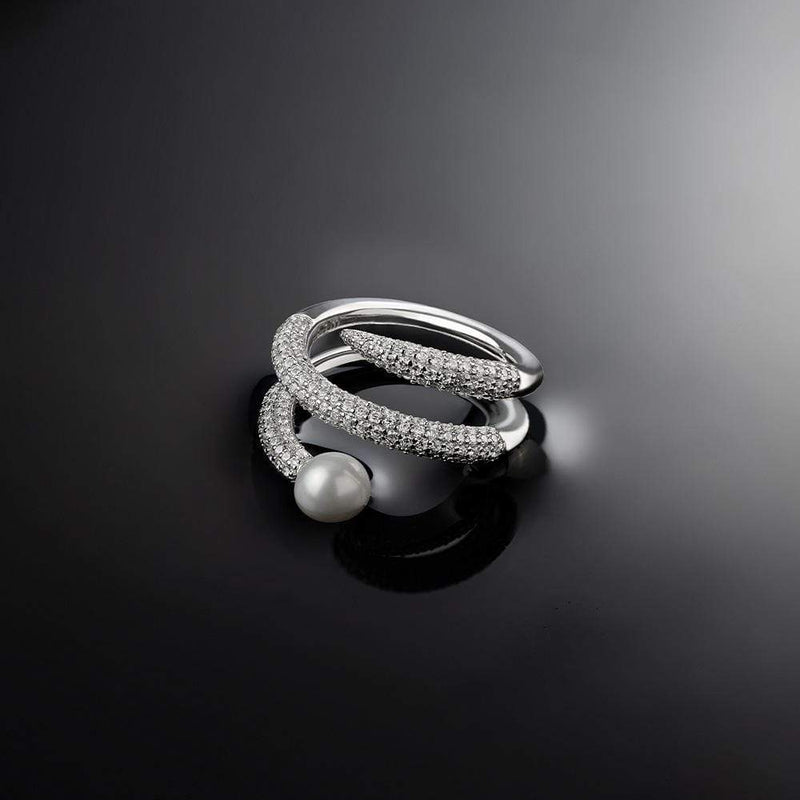 3-hoop open ring with pearl - silver