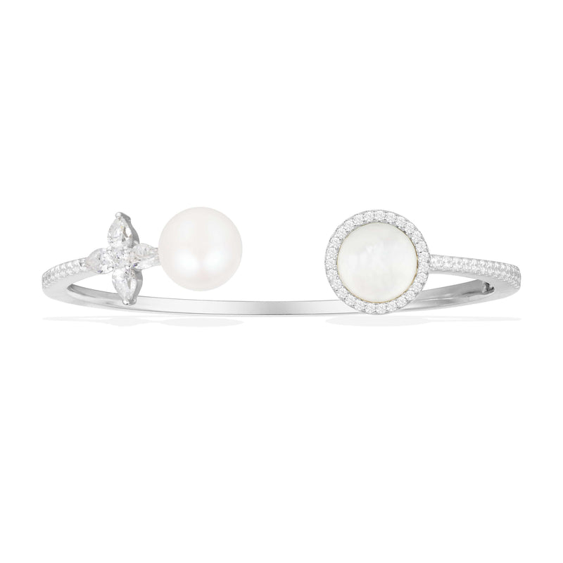 White Nacre and Pearl Open Cuff - White Silver