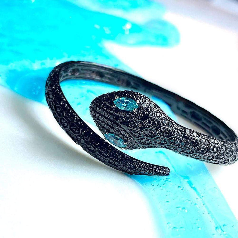 Serpent Open Cuff with Lagoon Blue Stones - Dark Grey Silver