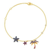 Tropical Floral and Palm Tree Adjustable Bracelet / Anklet - Yellow Silver