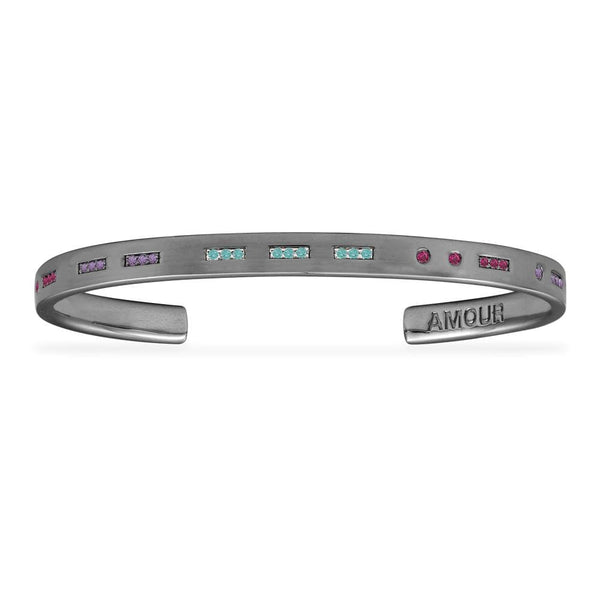 AMOUR Morse Code Open Cuff with Colorful Stones - Dark Grey Silver