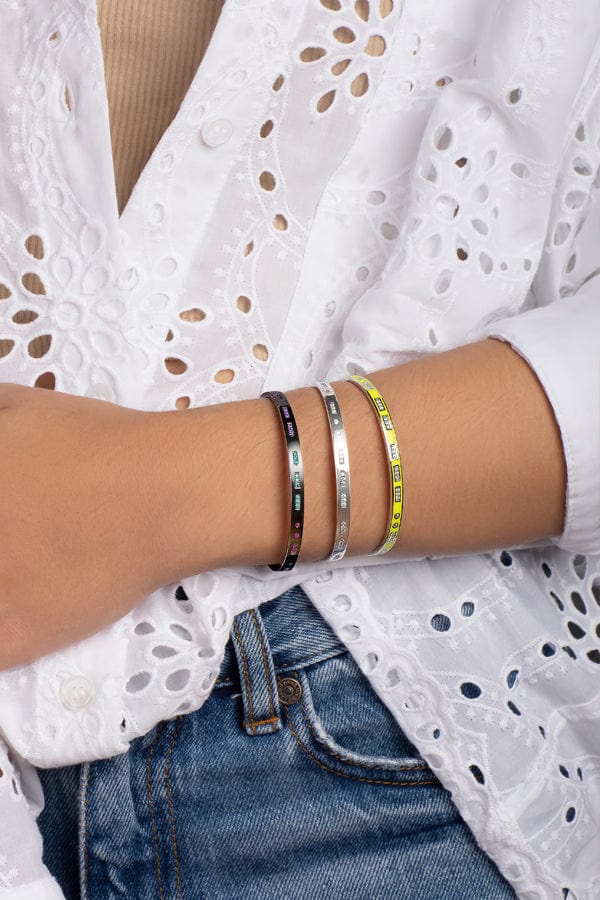 Neon Yellow AMOUR Morse Code Open Cuff - White Silver