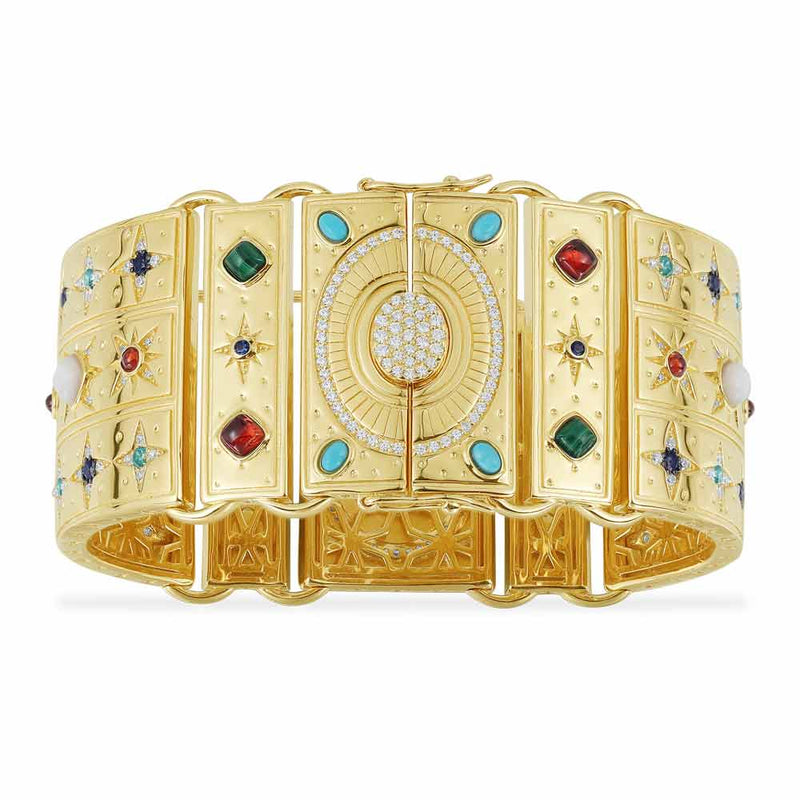 Multicolor Stone Statement Bangle - Yellow Silver