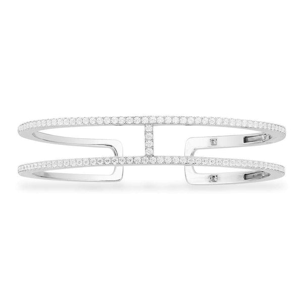 Paved Double Line Bangle - White Silver