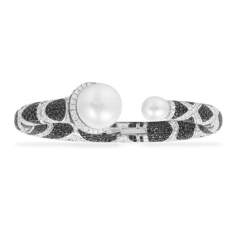 Black & white open cuff with pearls - silver