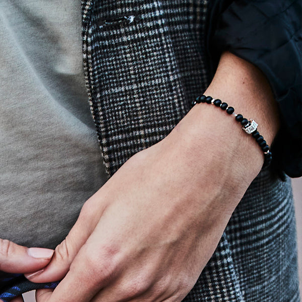 Black agate adjustable bracelet - silver