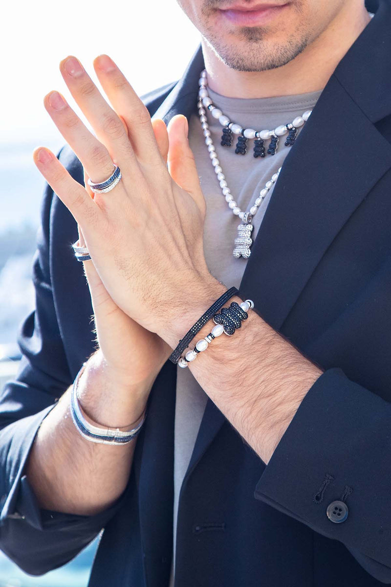 APM Monaco Bracelet Jonc Bold Pavé Noir in Silver