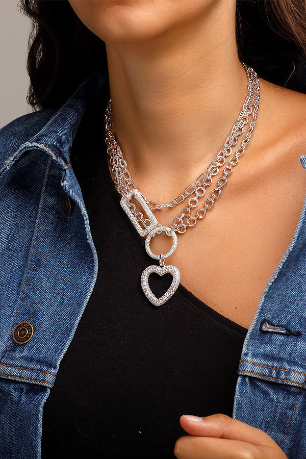 APM Monaco Heart Circle And Rectangle Triple Chain Necklace in white silver