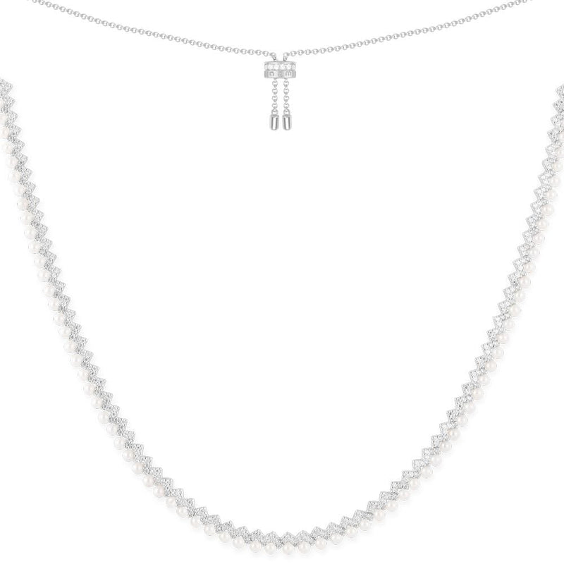 Up and Down Adjustable Necklace with Pearls - White Silver