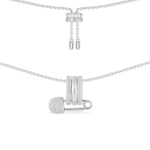 Safety Pin Adjustable Necklace - White Silver