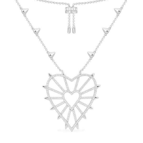 Spiked Geometric Heart Adjustable Necklace - White Silver