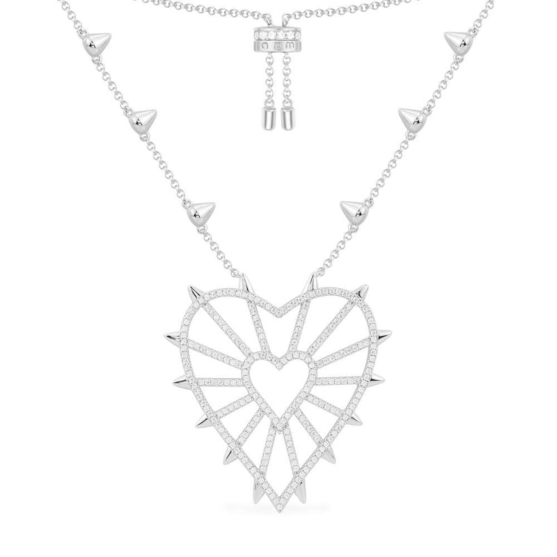 Spiked Geometric Heart Adjustable Necklace - White Silver