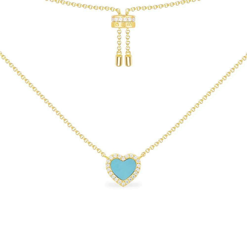 Lagoon Blue Heart Pendant Adjustable Necklace - Yellow Silver