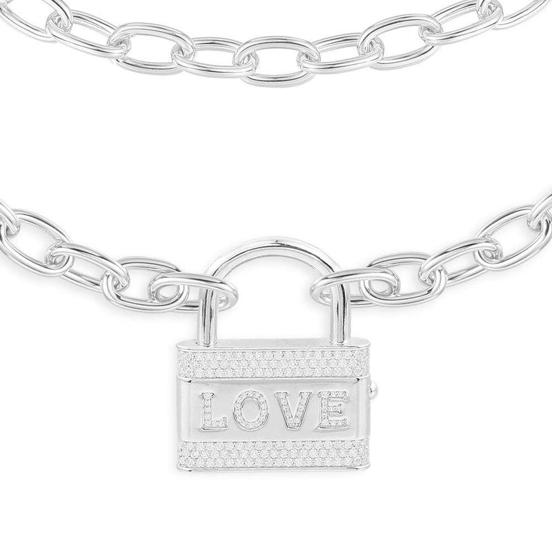 LOVE Embellished Lock Necklace - White Silver