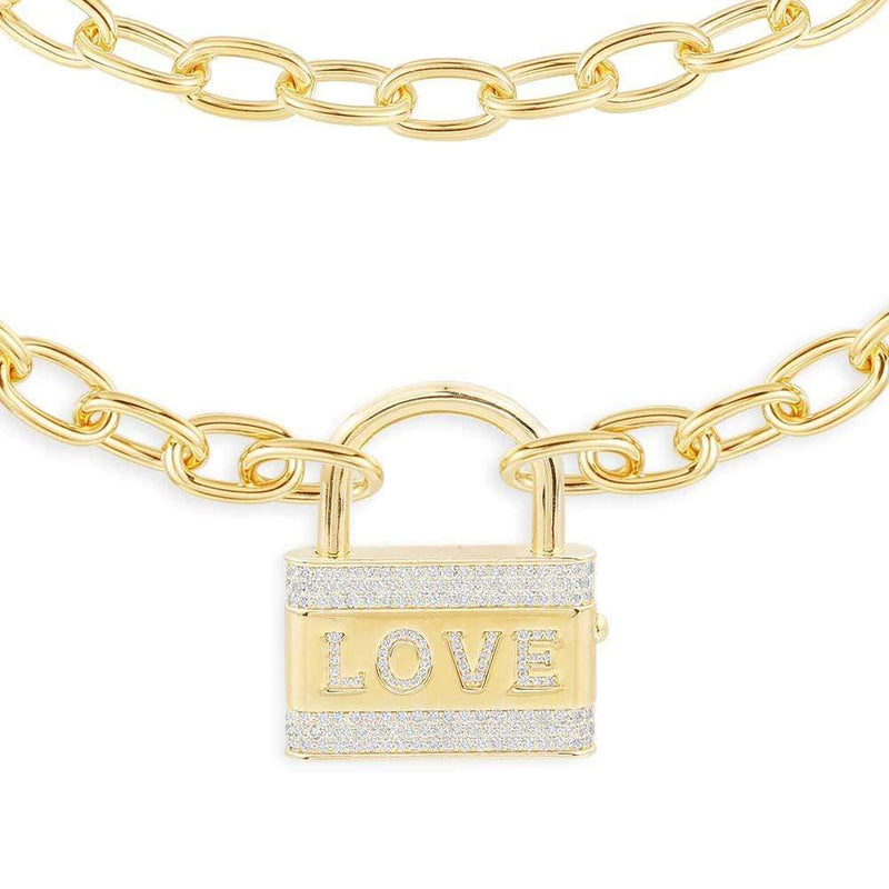 LOVE Embellished Lock Necklace - Yellow Silver