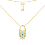 Blue Stone Lock Pendant Adjustable Necklace - Yellow Silver