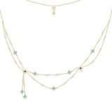 Pearl & Blue Stone Double Chain Adjustable Necklace - Yellow Silver