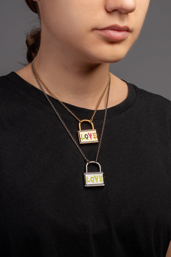 Yellow Neon LOVE Lock Necklace - Dark Grey Silver