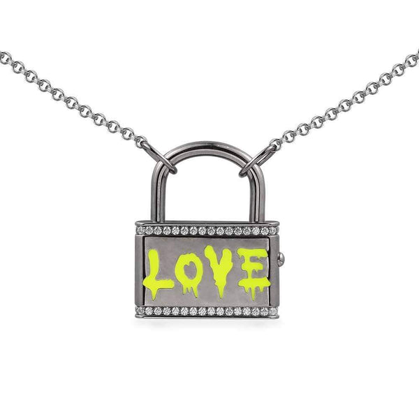 Yellow Neon LOVE Lock Necklace - Dark Grey Silver