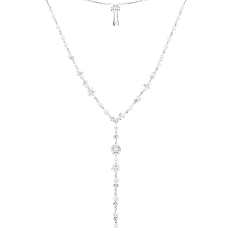 Y-Drop Pearl Flowers Adustable Necklace - Silver