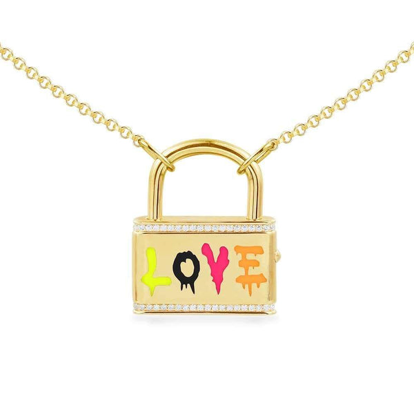 Multicolor Neon LOVE Lock Necklace - Yellow Silver