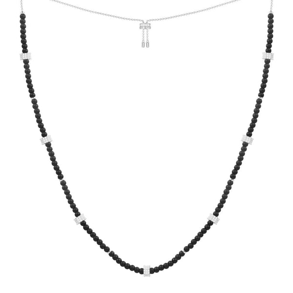 Black agate adjustable necklace with sliding rings - silver