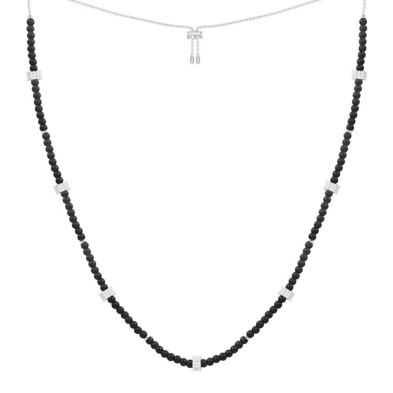 Black agate adjustable necklace with sliding rings - silver