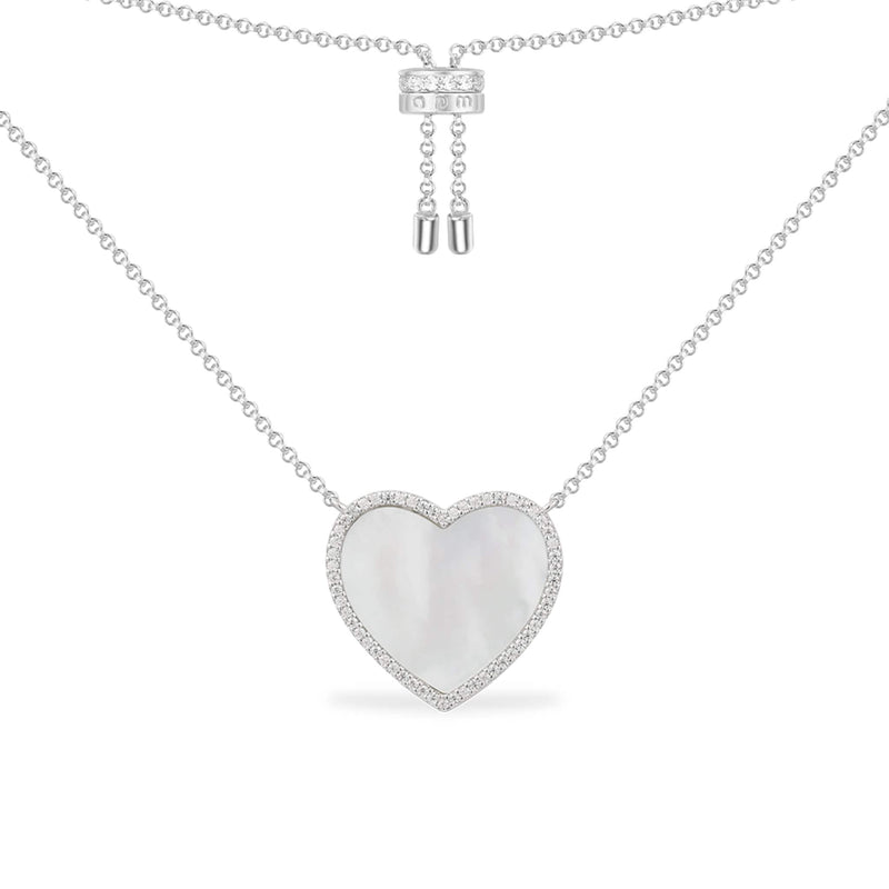 White Nacre Heart Adjustable Necklace - silver