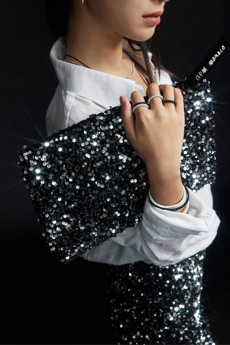 APM Monaco Silver Sequins Clutch