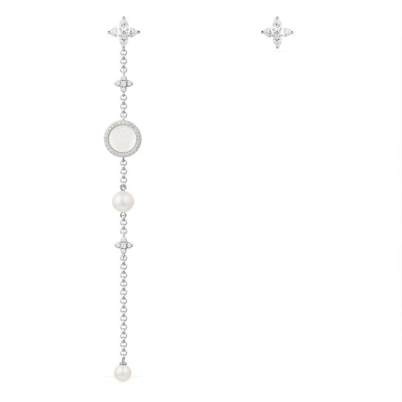 Asymmetric White Nacre and Pearl Earrings - White Silver