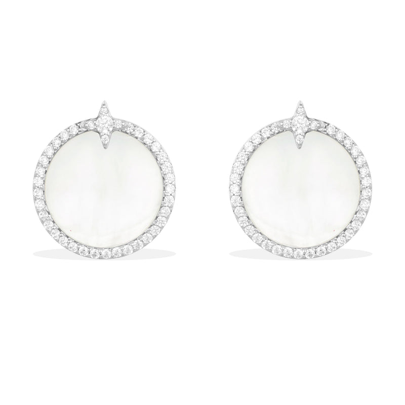 White Nacre Round Earrings - White Silver