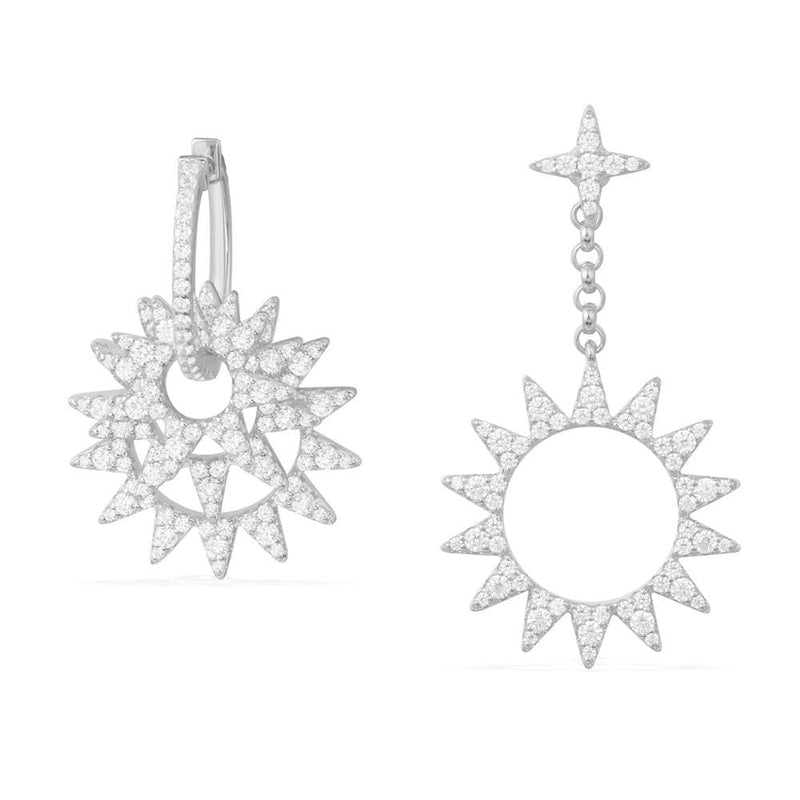 Asymmetric Sun Pendant Earrings - White Silver