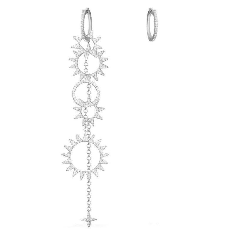 Long Asymmetric Sun Pendant Earring and Hoop - White Silver