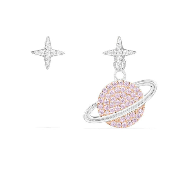 Asymmetric Pink Planet Earrings - Silver