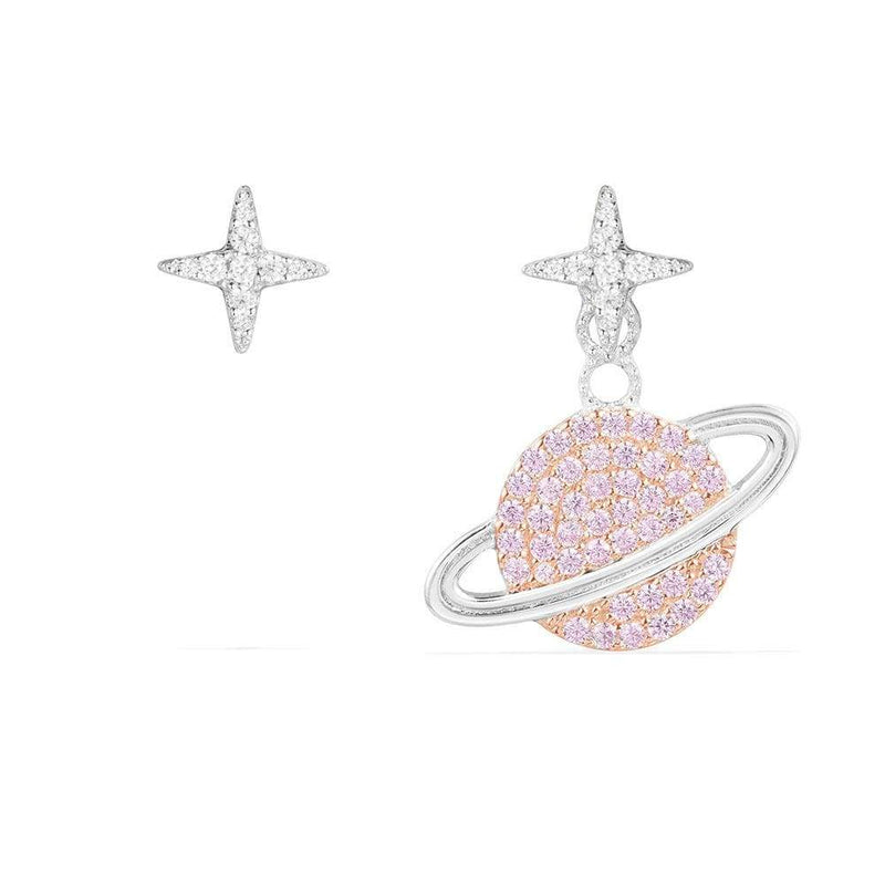 Asymmetric Pink Planet Earrings - Silver