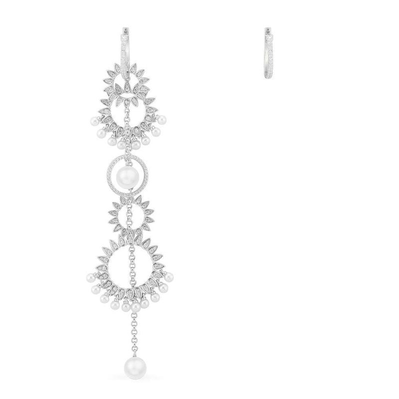 Long Asymmetric Sun Pendant Earring with Pearls and Hoop - White Silver