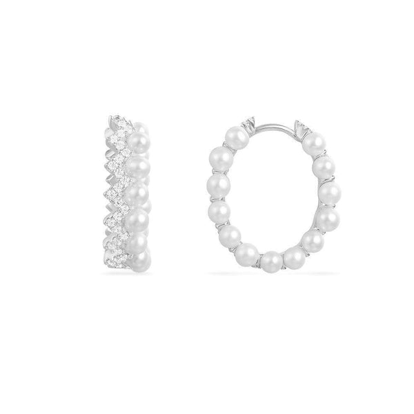 Up And Down Hoop Earrings with Pearls - White Silver