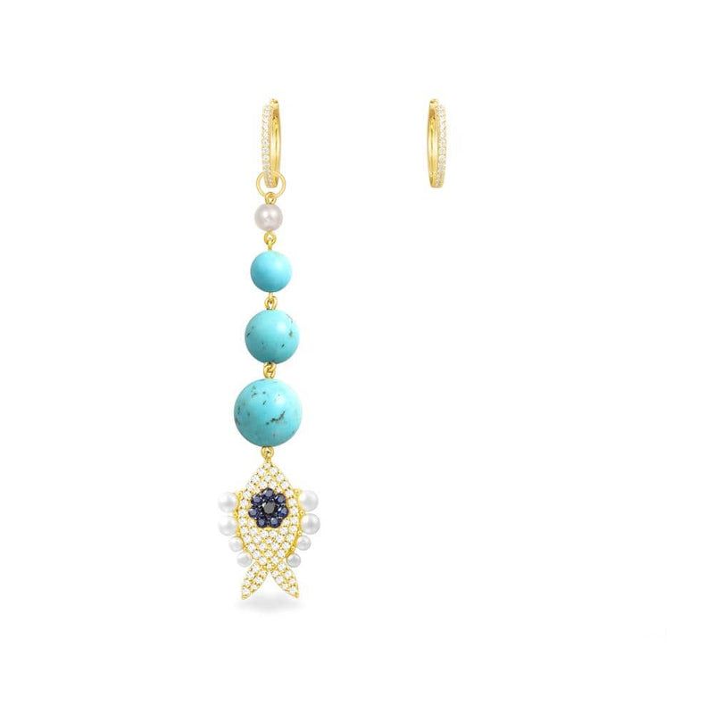 Asymmetric Turquoise Fish Earring and Hoop - Yellow Silver